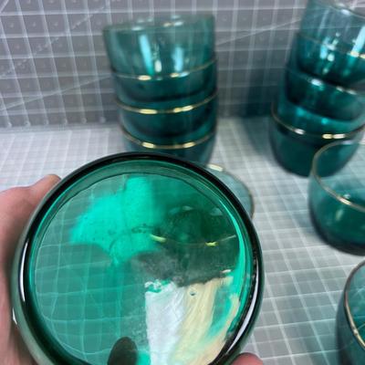 13 Green Glass with Gold Rim Dessert or Small Dinner Salad By LIBBY 