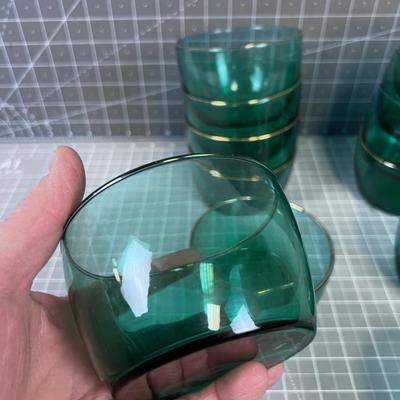 13 Green Glass with Gold Rim Dessert or Small Dinner Salad By LIBBY 