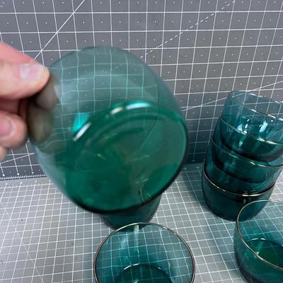 13 Green Glass with Gold Rim Dessert or Small Dinner Salad By LIBBY 