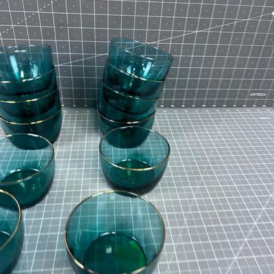 13 Green Glass with Gold Rim Dessert or Small Dinner Salad By LIBBY 