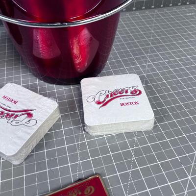 Bar Ware: Cheers Coasters, Red Ice Bucket and Wine Holder
