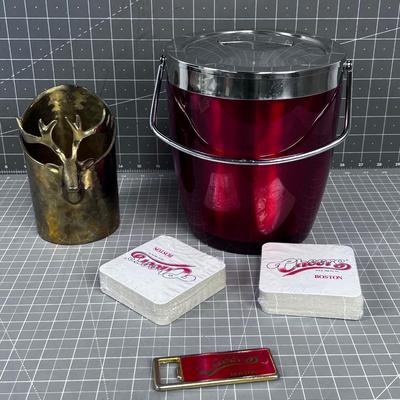 Bar Ware: Cheers Coasters, Red Ice Bucket and Wine Holder