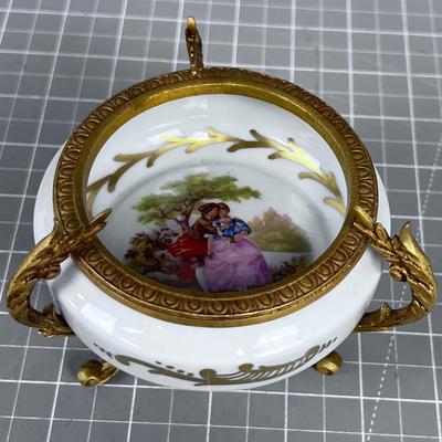 NICE! Hand Painted Limoges Footed Bowl, with attached metal  
