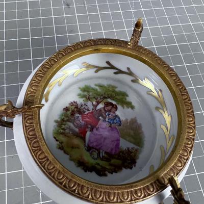 NICE! Hand Painted Limoges Footed Bowl, with attached metal  