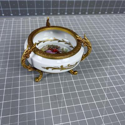NICE! Hand Painted Limoges Footed Bowl, with attached metal  