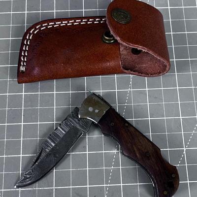 Vintage DAMASCUS Folding Knife with Sheath 
