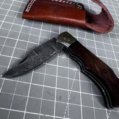 Vintage DAMASCUS Folding Knife with Sheath 