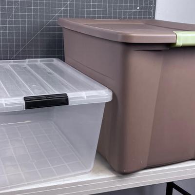 2 Storage Tubs with Lids; Tan and Clear