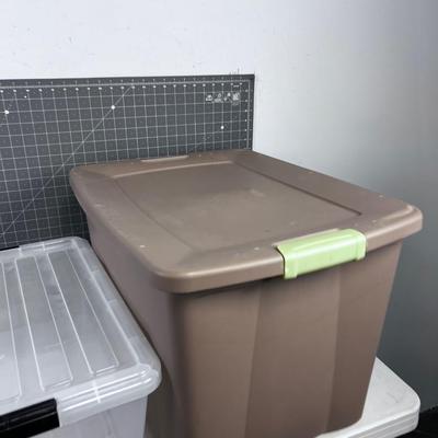 2 Storage Tubs with Lids; Tan and Clear