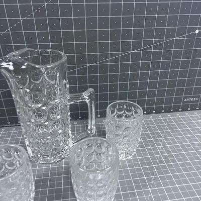 Unique Fancy Vintage Pitch and 4 Tumblers HEAVY Glass 