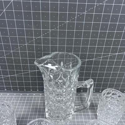 Unique Fancy Vintage Pitch and 4 Tumblers HEAVY Glass 