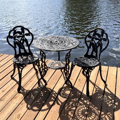 Black Palm Tree Motif Cast Aluminum 3 Piece Bistro Set