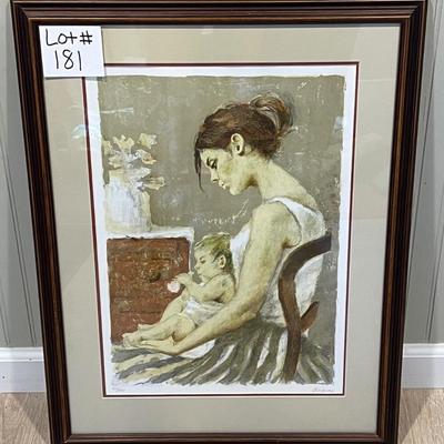 Lot# 181 Signed Framed Mother and Child Watercolor Painting
