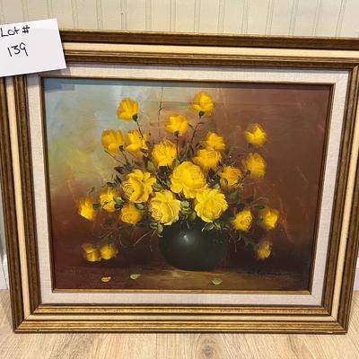 Lot# 139 Framed Signed Blaine Yellow Rose Oil Painting