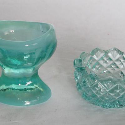 Older Teal Opalescent Eye Wash Cup and Mosser Salt