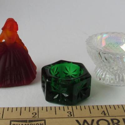 Mosser Glass Salt Dips and Boyd Red Satin Glass Doll