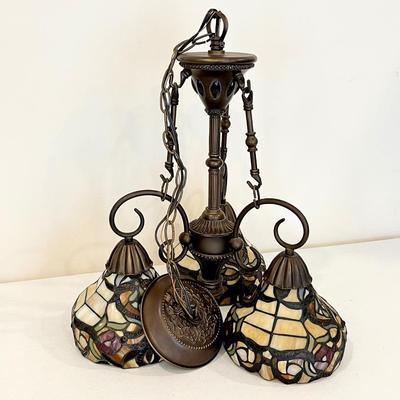 Tiffany Style Bronze Metal Three (3) Light Fixture ~ Stained Glass Shades
