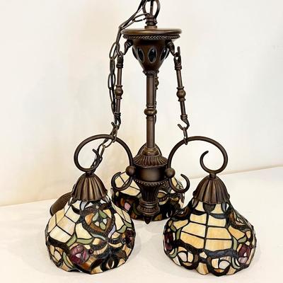 Tiffany Style Bronze Metal Three (3) Light Fixture ~ Stained Glass Shades
