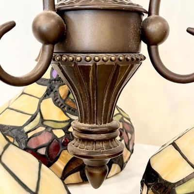 Tiffany Style Bronze Metal Three (3) Light Fixture ~ Stained Glass Shades