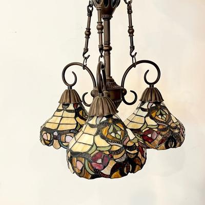 Tiffany Style Bronze Metal Three (3) Light Fixture ~ Stained Glass Shades