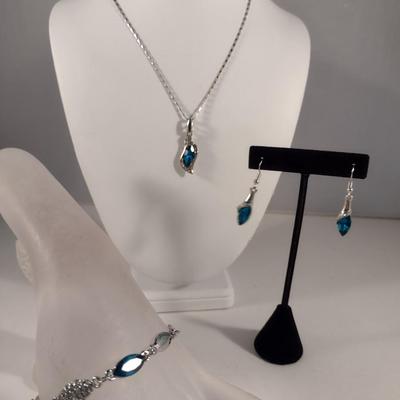 Fashion Jewelry Set with Striking Blue Settings- Necklace, Bracelet, Earrings (#9)