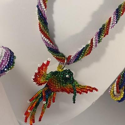 Hummingbird Design Hand Made Multi-Color Seed Bead Jewelry Set (#19)