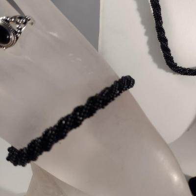 Hand Made Black Seed Bead Jewelry Set and Ring (#20)