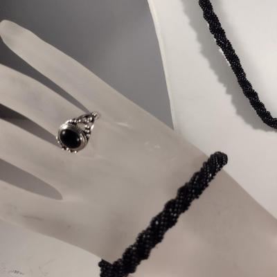 Hand Made Black Seed Bead Jewelry Set and Ring (#20)