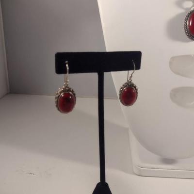 Sterling Silver and Red Stone Jewelry Set- Necklace, Ring, Earrings (#34)