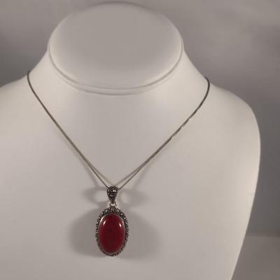 Sterling Silver and Red Stone Jewelry Set- Necklace, Ring, Earrings (#34)