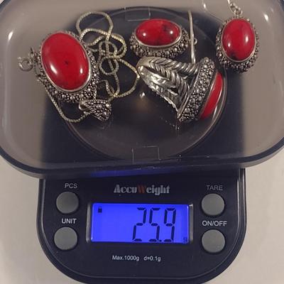 Sterling Silver and Red Stone Jewelry Set- Necklace, Ring, Earrings (#34)