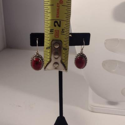 Sterling Silver and Red Stone Jewelry Set- Necklace, Ring, Earrings (#34)