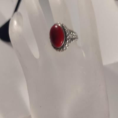 Sterling Silver and Red Stone Jewelry Set- Necklace, Ring, Earrings (#34)