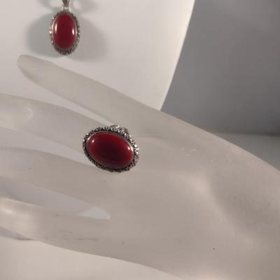 Sterling Silver and Red Stone Jewelry Set- Necklace, Ring, Earrings (#34)