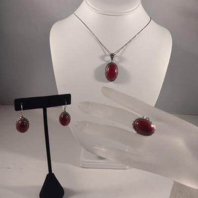 Sterling Silver and Red Stone Jewelry Set- Necklace, Ring, Earrings (#34)