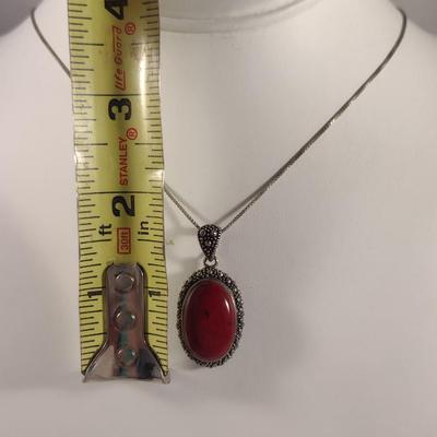 Sterling Silver and Red Stone Jewelry Set- Necklace, Ring, Earrings (#34)