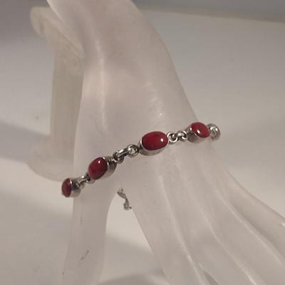 Sterling Silver and Red Stone Bracelet- Approx Total Weight 27.2 Grams (#35)