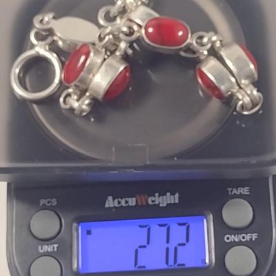 Sterling Silver and Red Stone Bracelet- Approx Total Weight 27.2 Grams (#35)