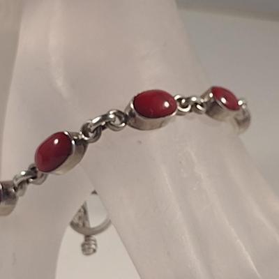 Sterling Silver and Red Stone Bracelet- Approx Total Weight 27.2 Grams (#35)