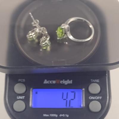 10 Karat White Gold with Peridot and Diamond Ring and Earrings- Approx Total Weight 4.2 Grams (#37)