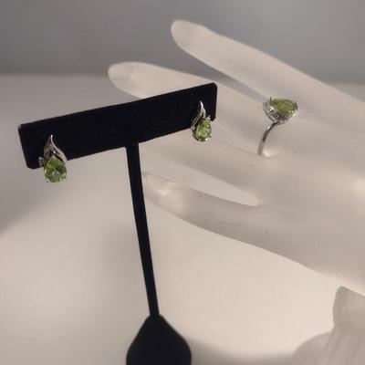 10 Karat White Gold with Peridot and Diamond Ring and Earrings- Approx Total Weight 4.2 Grams (#37)