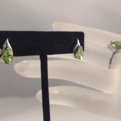10 Karat White Gold with Peridot and Diamond Ring and Earrings- Approx Total Weight 4.2 Grams (#37)