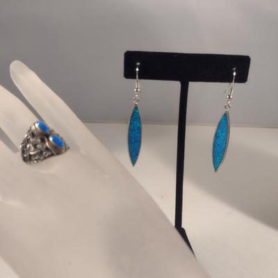 Sterling Silver and Blue Stone Ring and Earrings (#39)