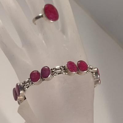 Sterling Silver and Red Stone Ring and Bracelet- Approx Weight 31.7 Grams (#41)