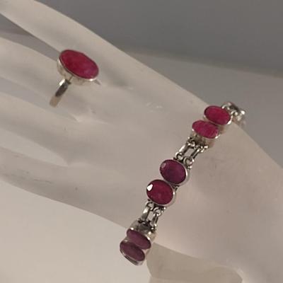 Sterling Silver and Red Stone Ring and Bracelet- Approx Weight 31.7 Grams (#41)