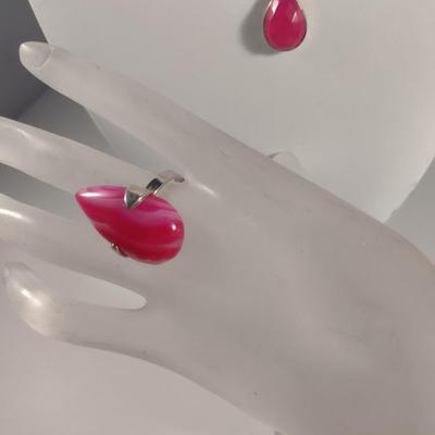 Sterling Silver and Pink Stone Necklace and Ring (#46)