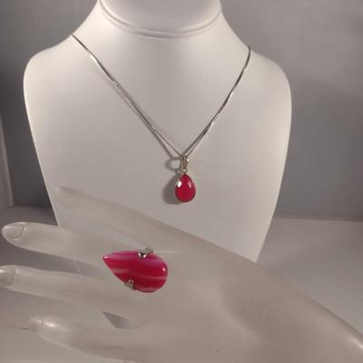 Sterling Silver and Pink Stone Necklace and Ring (#46)