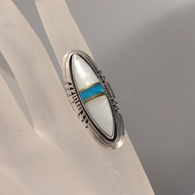 Artisan Made Sterling Silver and Opal with Turquoise Inlay Ring (#53)
