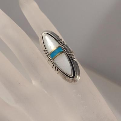 Artisan Made Sterling Silver and Opal with Turquoise Inlay Ring (#53)