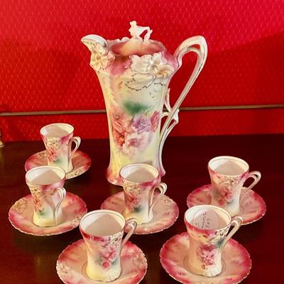 R S Prussia chocolate pot with 6 cups and saucers, floral decal, in great condition